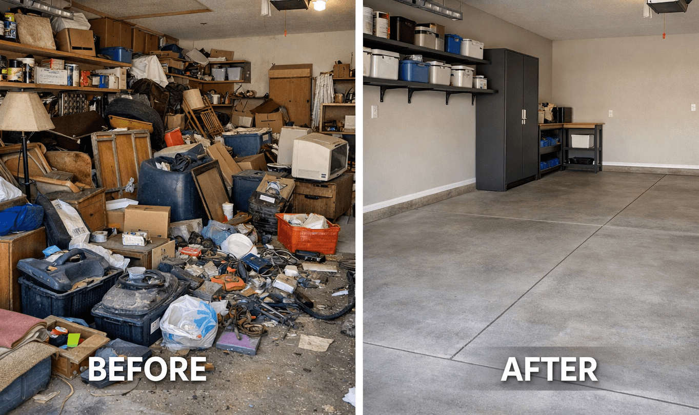 Before and after junk removal — space cleared